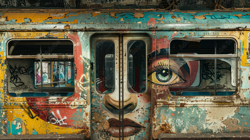 Graffiti mural art on an old, rundown subway train car. Graffiti mural art on an old, rundown subway train car.
