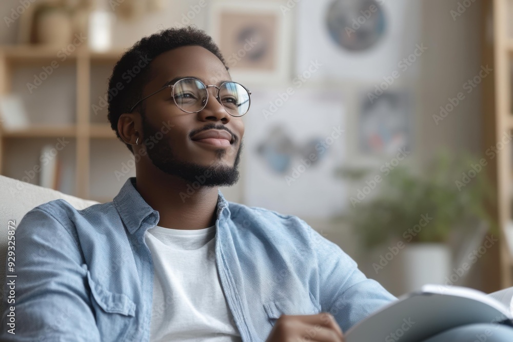 Young African Man in Glasses Relaxing at Home with a Book in a Cozy Modern Living Room Young African Man in Glasses Relaxing at Home with a Book in a Cozy Modern Living Room