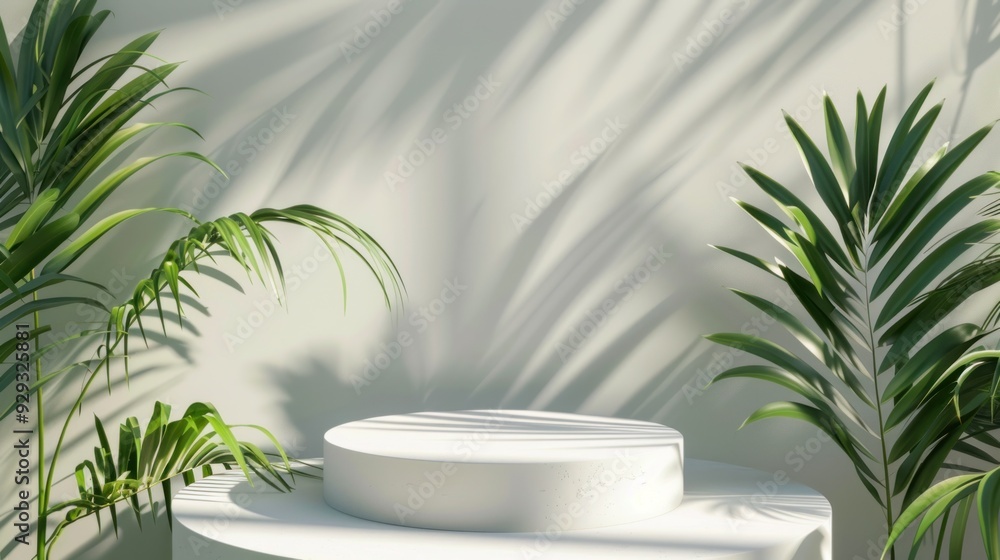 Minimalist White Platform with Lush Palm Leaves Minimalist White Platform with Lush Palm Leaves