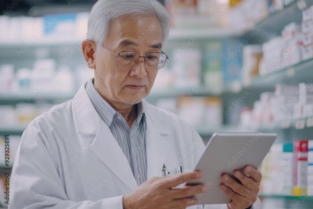 Senior Asian Pharmacist Using Tablet in Modern Pharmacy for Patient Consultation