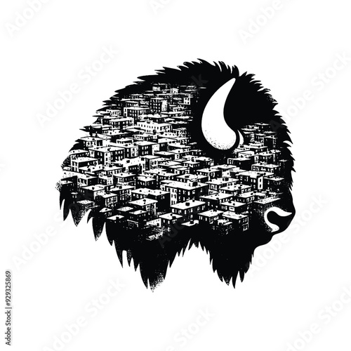 silhouette of Bison, filled with ghetto street in rough drawing,