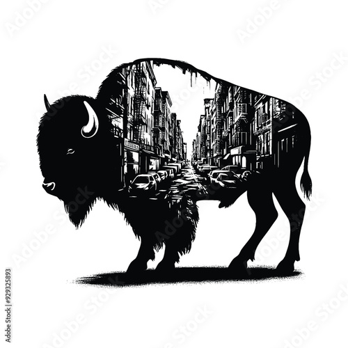 silhouette of Bison, filled with ghetto street in rough drawing,
