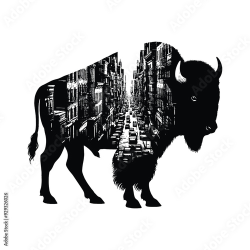 silhouette of Bison, filled with ghetto street in rough drawing,