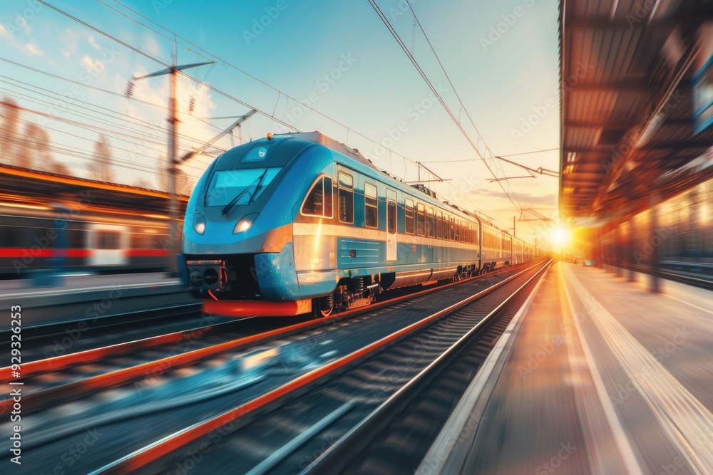 Naklejka premium A blue train travels along the train tracks next to a train station, ready for its next stop