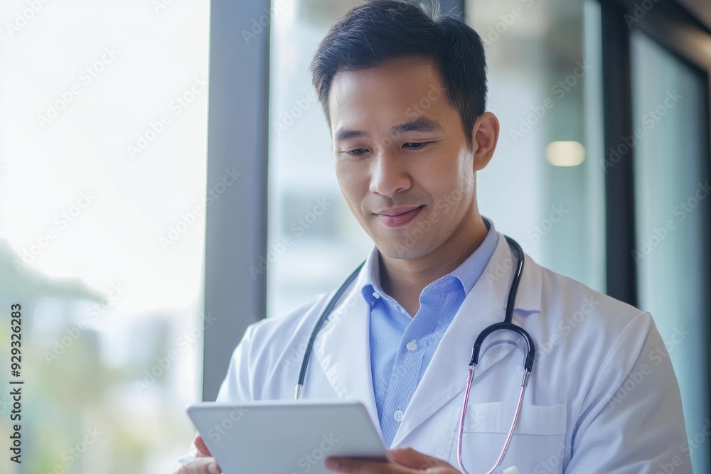 Smiling Asian Male Doctor Using Tablet in Modern Medical Office - Healthcare Technology Concept Smiling Asian Male Doctor Using Tablet in Modern Medical Office - Healthcare Technology Concept