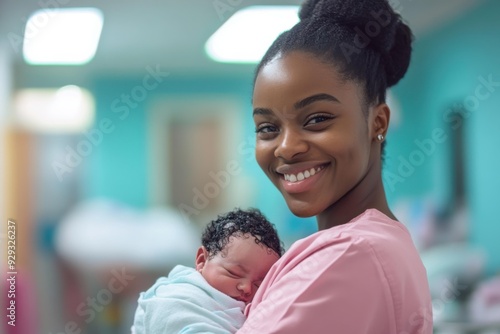 Smiling Young African Nurse Holding Newborn Baby in Bright Hospital Room