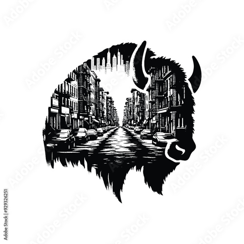 silhouette of Bison, filled with ghetto street in rough drawing,