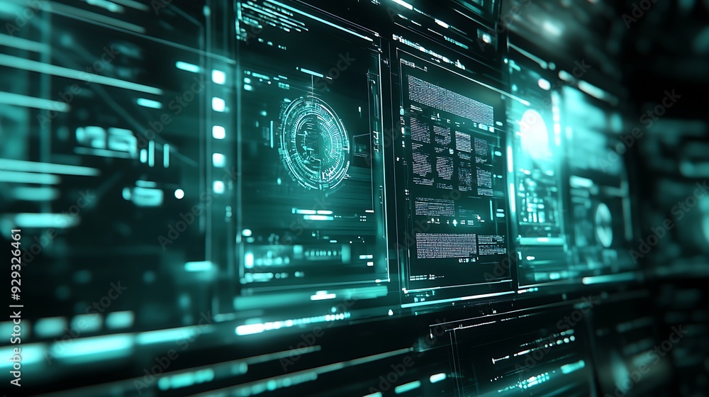 A digital interface displaying holographic screens with hovering data streams
A digital interface displaying holographic screens with hovering data streams