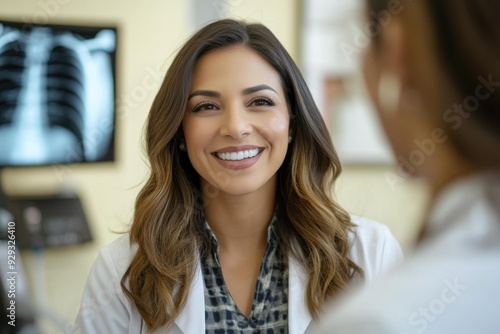 Smiling Hispanic Female Doctor in White Coat Engaging with Patient in Medical Office - Healthcare & Medical Support Concept