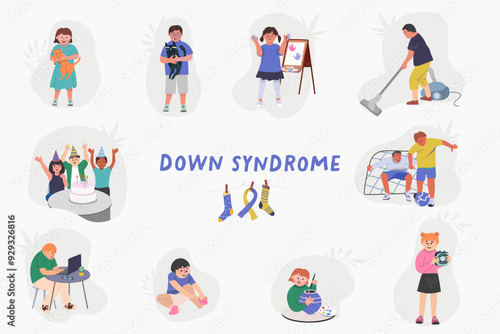 Downs syndrome flat composition set with down day celebrations and variety of skill development fun and education for children and teens vector hand drawn flat illustration.