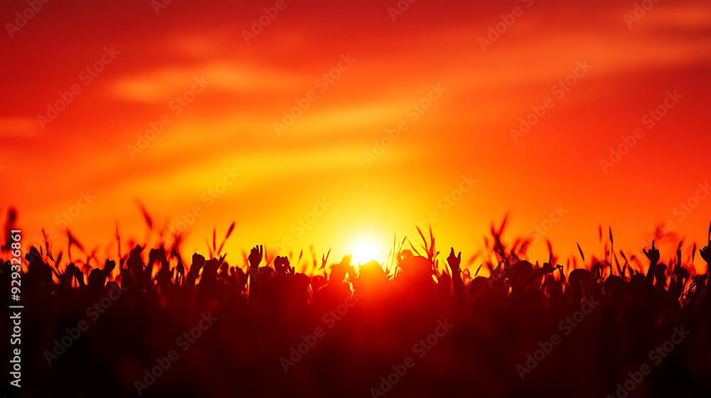 Silhouettes of a crowd of people celebrating against a vibrant sunset sky. AI generated Silhouettes of a crowd of people celebrating against a vibrant sunset sky. AI generated