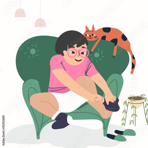 A little girl with down syndrome wearing socks at home sitting in a chair. Hand drawn vector illustration.