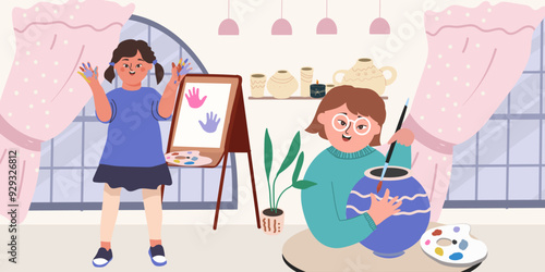 Illustration of children with Down syndrome, art with people in love study. A creative workshop for children. Vector hand drawn flat illustration.