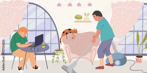 A brother, relative cleans the living room. Children help their parents around the house, vacuuming. Brother sitting at the laptop, home environment. Skills of people with Down syndrome.