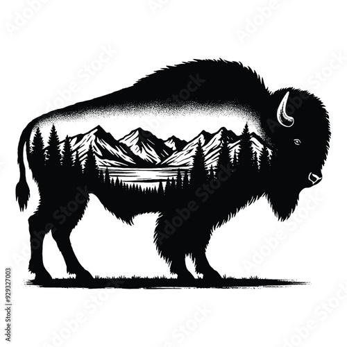 silhouette of Bison, filled with mountain and nature view in rough drawing,