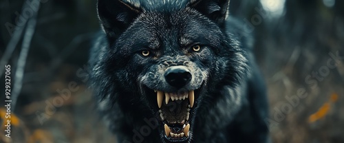 Close-up of a black wolf snarling with its teeth bared, revealing a powerful and fierce expression.