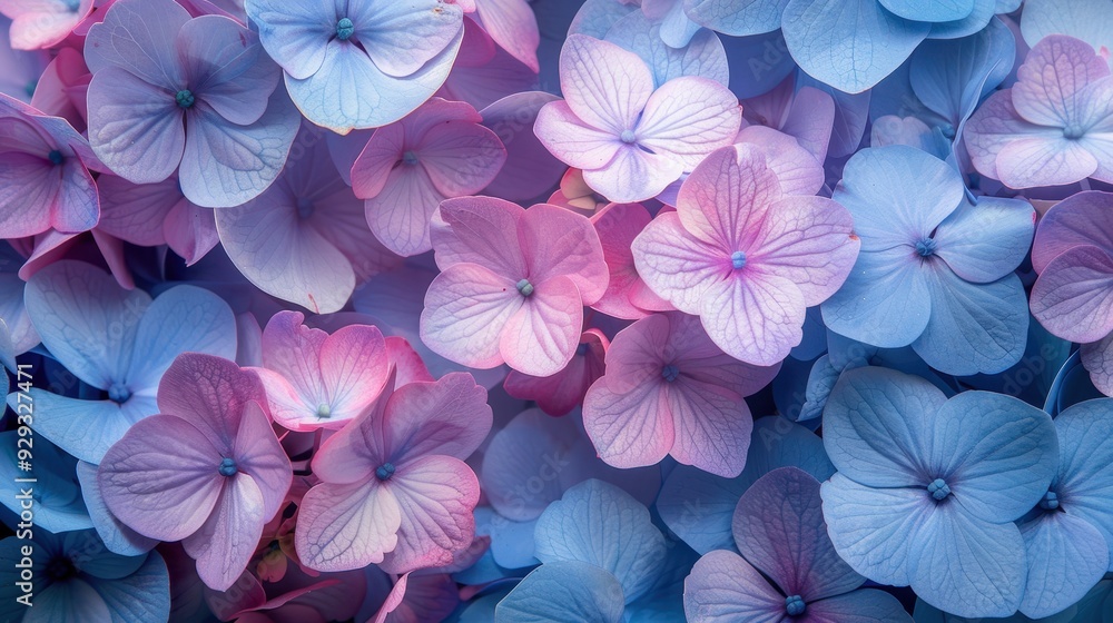 A vibrant arrangement of pink and blue hydrangea flowers in full bloom A vibrant arrangement of pink and blue hydrangea flowers in full bloom