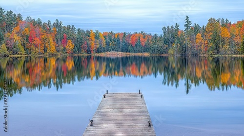  Dock by lake, surrounded by forest trees bursting in fall hues