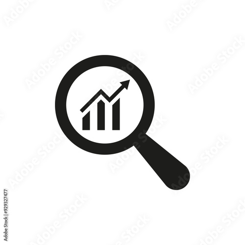 Business growing search icon bar graph icon with arrow symbol. Analytics growth chart icon with magnifying glass symbol - Statistics and analytics vector icon