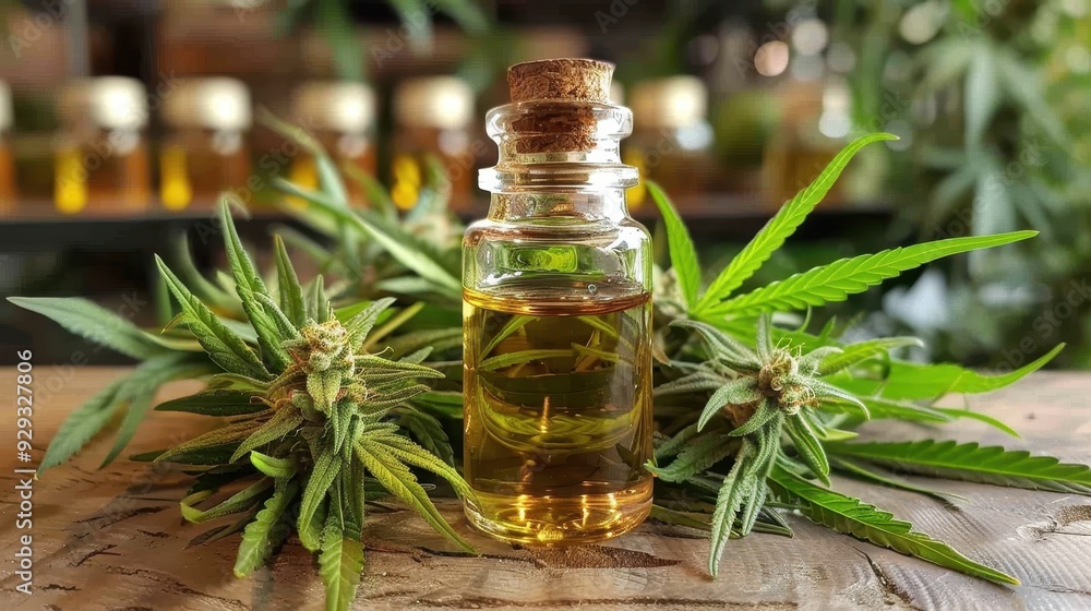 Glass bottle filled with hemp oil near fresh cannabis plants in a herbal setting Glass bottle filled with hemp oil near fresh cannabis plants in a herbal setting