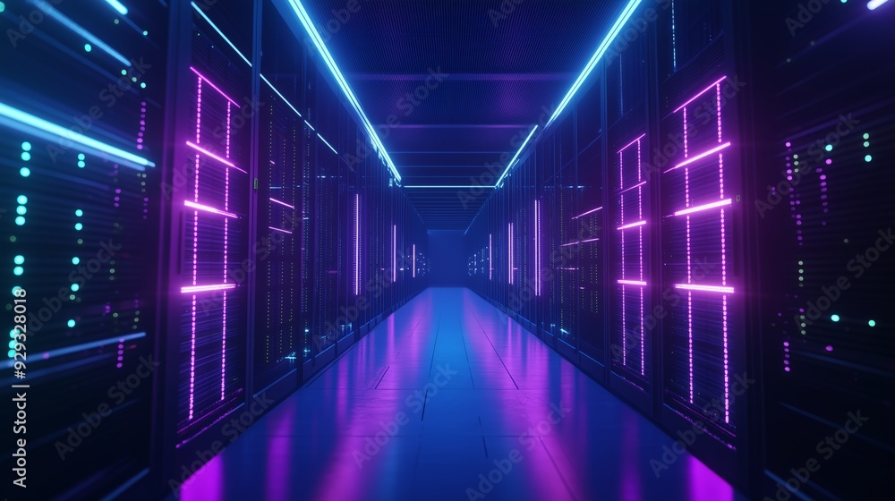 Fototapeta premium Glowing Data Center Server Room with LED Lights - Low Angle Technology View