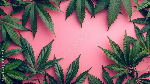 Pink background surrounded by green cannabis leaves arranged in a decorative manner