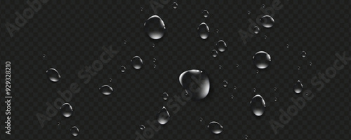 Rain transparent drops flow down the glass.Realistic wet condensation texture.Fresh water splash effect on the surface.Liquid spreading droplet shapes.