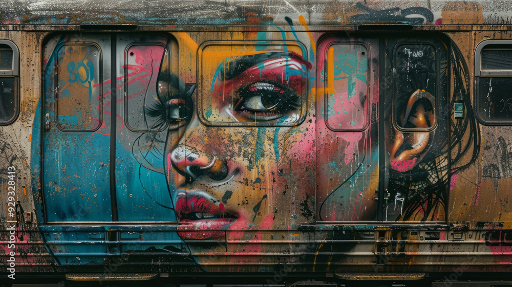 Fototapeta premium Colorful graffiti mural of a woman's face on a subway car.