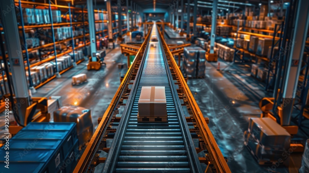 Package moving along a conveyor belt in a busy warehouse during evening hours Package moving along a conveyor belt in a busy warehouse during evening hours