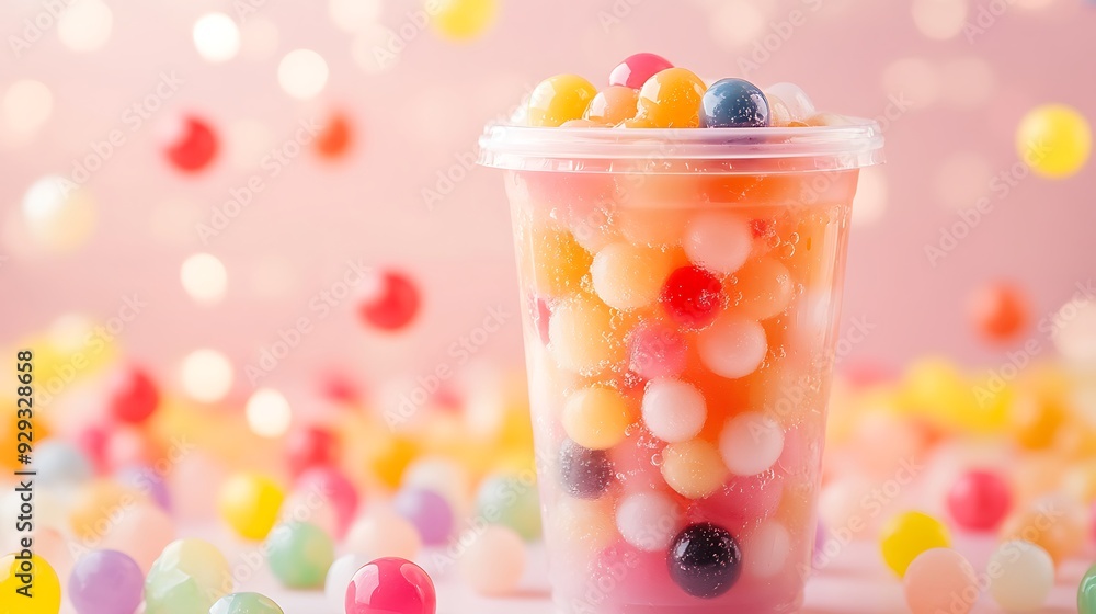 Close-up of a cup filled with colorful boba pearls against a pink background with out-of-focus colorful boba pearls. Close-up of a cup filled with colorful boba pearls against a pink background with out-of-focus colorful boba pearls.