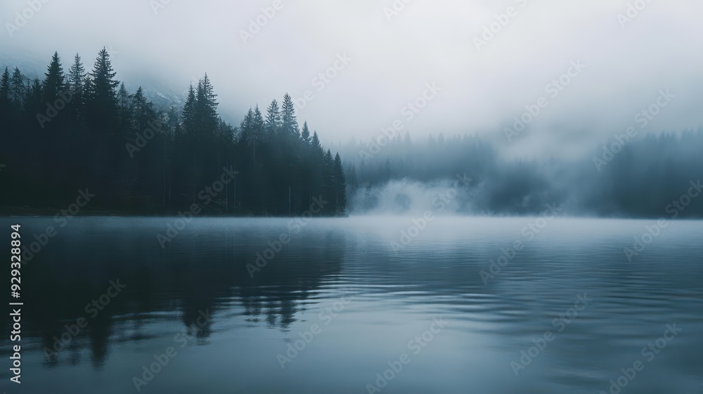 Fototapeta premium A serene lake surrounded by misty forests, reflecting a tranquil atmosphere.