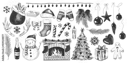 Sketch style Christmas set. Collection of christmas hand drawn decorations. Vintage style sock, fireplace, Santa hat, Christmas tree, Santa bag with gifts, Christmas decorations, snowman, mittens