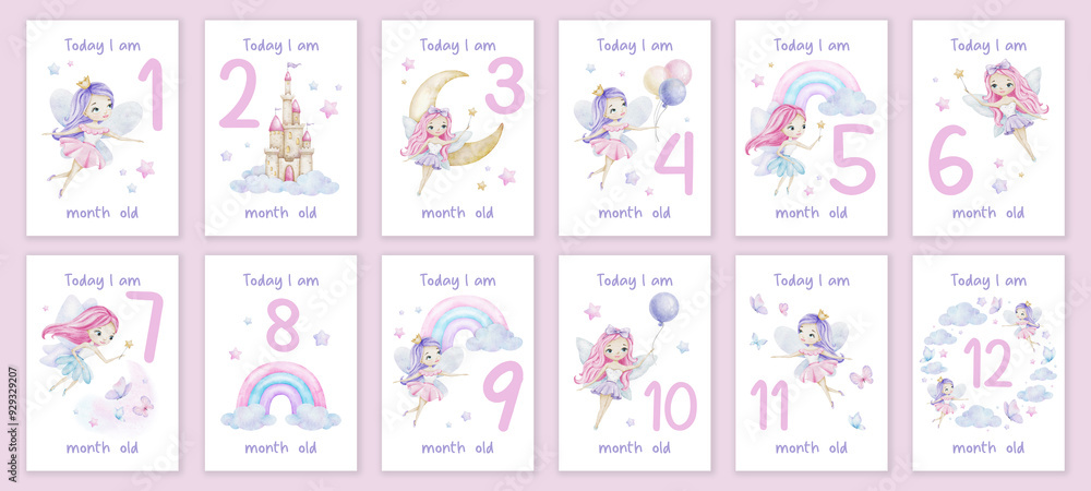 Set of Baby Milestone Cards of Cute little fairies, fairy tale castle,butterflies and stars. Card for kids' photos. collection of cards with monthly numbers for newborns from 1 to 12 months of age Set of Baby Milestone Cards of Cute little fairies, fairy tale castle,butterflies and stars. Card for kids' photos. collection of cards with monthly numbers for newborns from 1 to 12 months of age