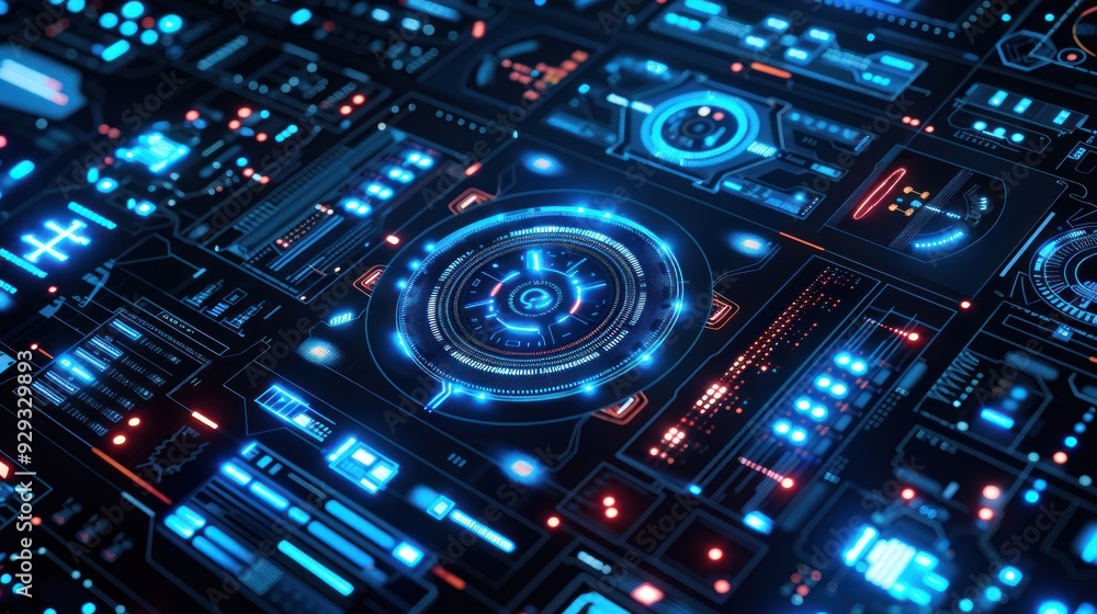 Obraz premium Futuristic Interface with Glowing Blue and Red Lights