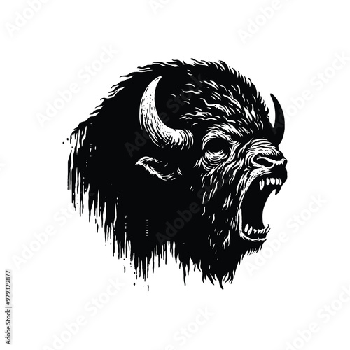 silhouette of Bison, filled with vintage horror movie poster in rough drawing,