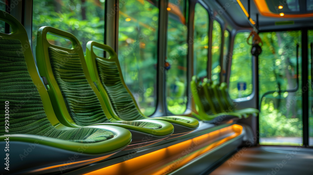 Empty modern bus interior with green seats in a forested setting. Empty modern bus interior with green seats in a forested setting.