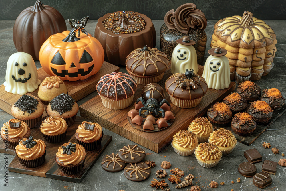 A table full of Halloween themed desserts including cupcakes, cakes, and cookies A table full of Halloween themed desserts including cupcakes, cakes, and cookies