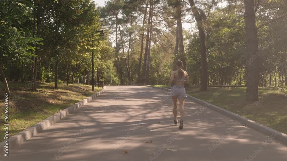 Woman running in the park for fitness. Slow motion shot of a female runner working out outdoors on a sunny day. Health and wellness concept. Woman running in the park for fitness. Slow motion shot of a female runner working out outdoors on a sunny day. Health and wellness concept.