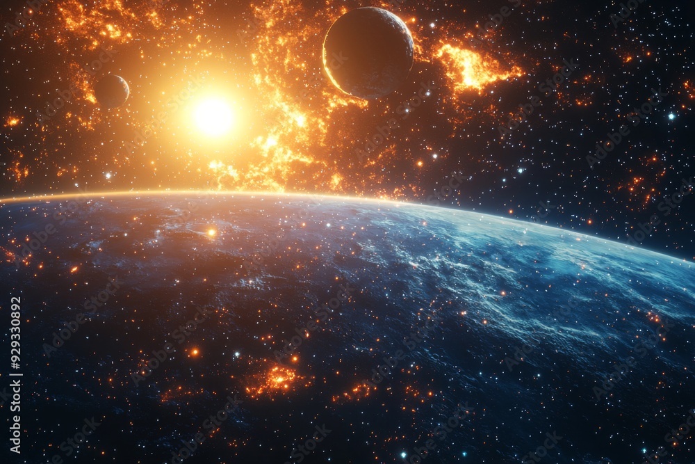 Obraz premium Space cosmic illustration with planets scene created with Generative AI