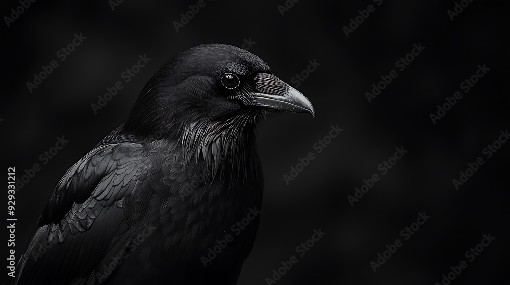 Close-up of a raven with dark feathers and a sharp beak. Close-up of a raven with dark feathers and a sharp beak.