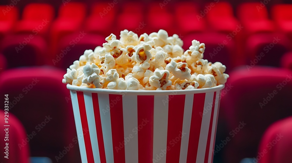 Close-up of a red and white striped popcorn bucket in front of a blurred background of red cinema seats. Close-up of a red and white striped popcorn bucket in front of a blurred background of red cinema seats.