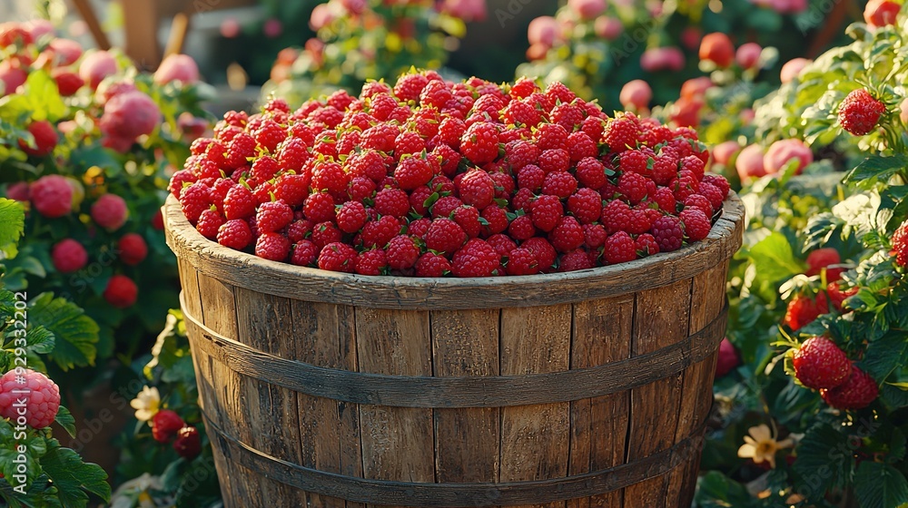 A barrel filled with raspberries sits in a lush garden full of them A barrel filled with raspberries sits in a lush garden full of them