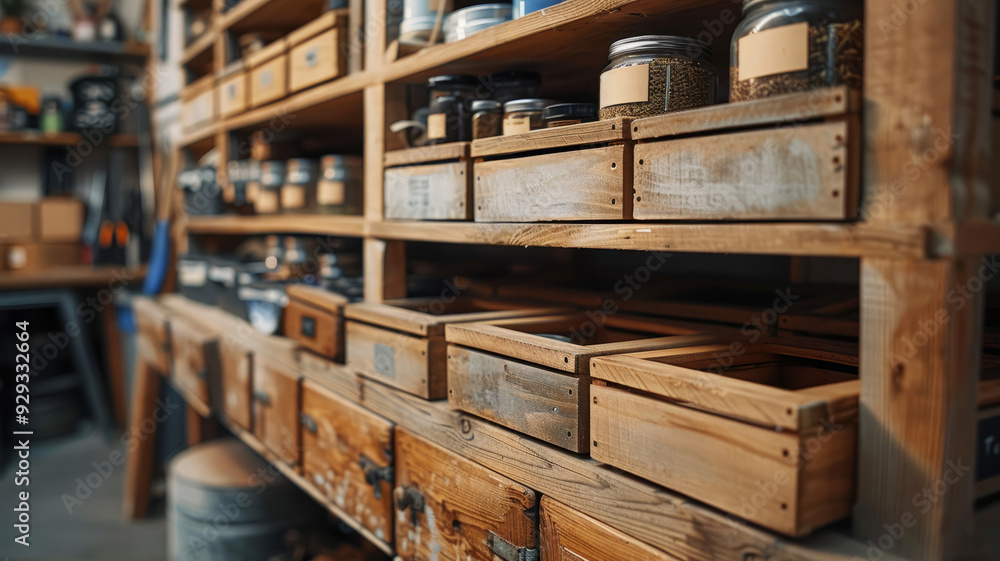 Wooden shelves with jars and crates in a workshop. Wooden shelves with jars and crates in a workshop.