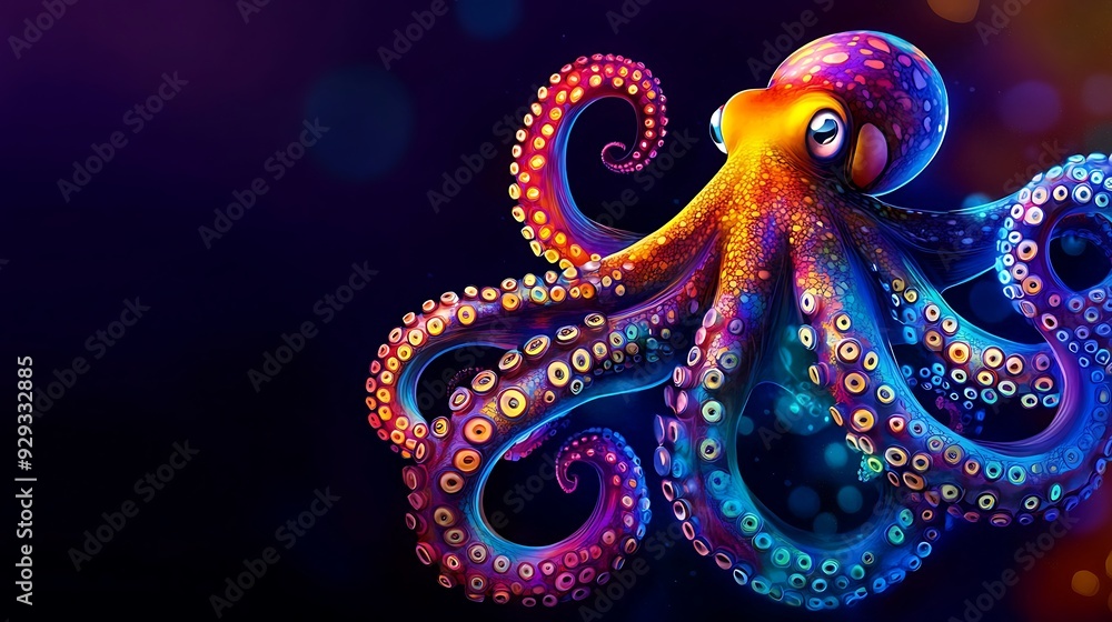Obraz premium Close-up of a vibrant octopus with tentacles in vivid colors and bokeh effect.