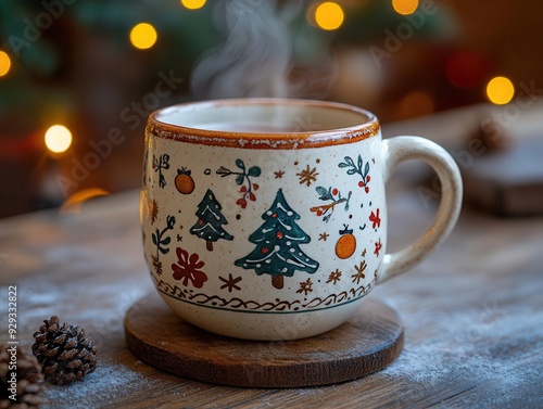 artisanal ceramic mug with intricate winter motifs steam rising from aromatic beverage soft focus background hints at cozy holiday setting with twinkling lights and evergreen accents