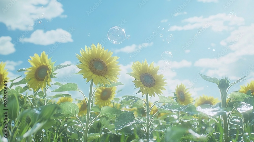 Fototapeta premium Sunflowers under blue sky with soap bubbles in center