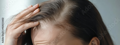 A sad woman looks at her thinning hair. The problem of hair loss. Damaged Hair symptom photo