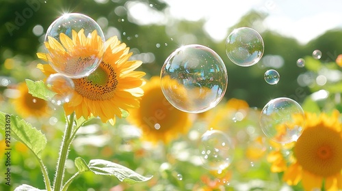   Sunflowers float in air; soap bubble field