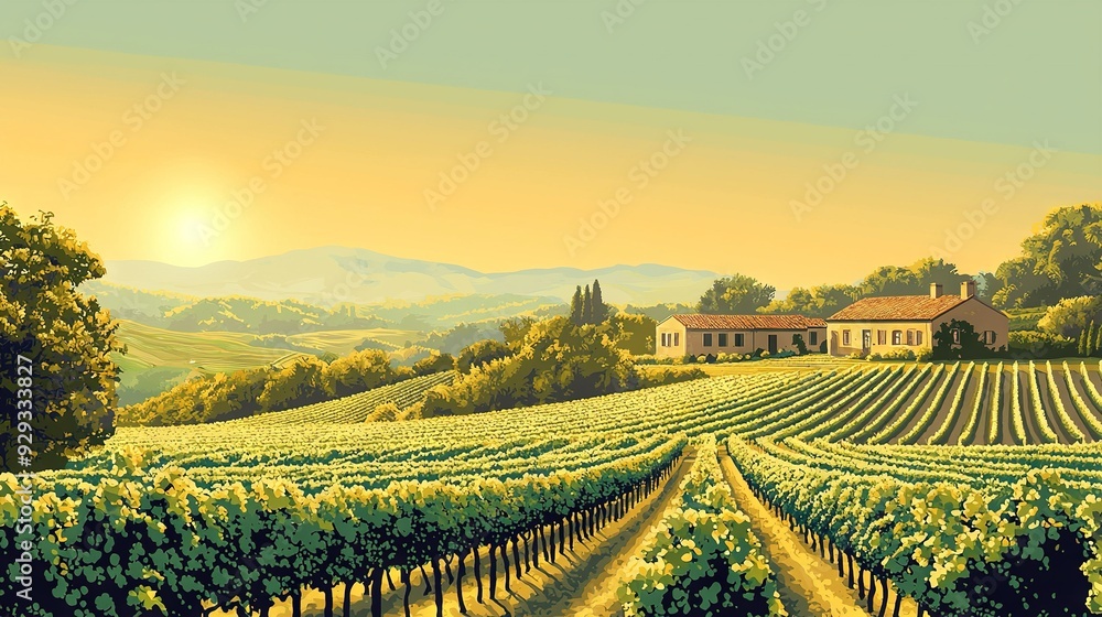 Fototapeta premium A painting of a vineyard at sunset with a house in the distance and mountains in the background