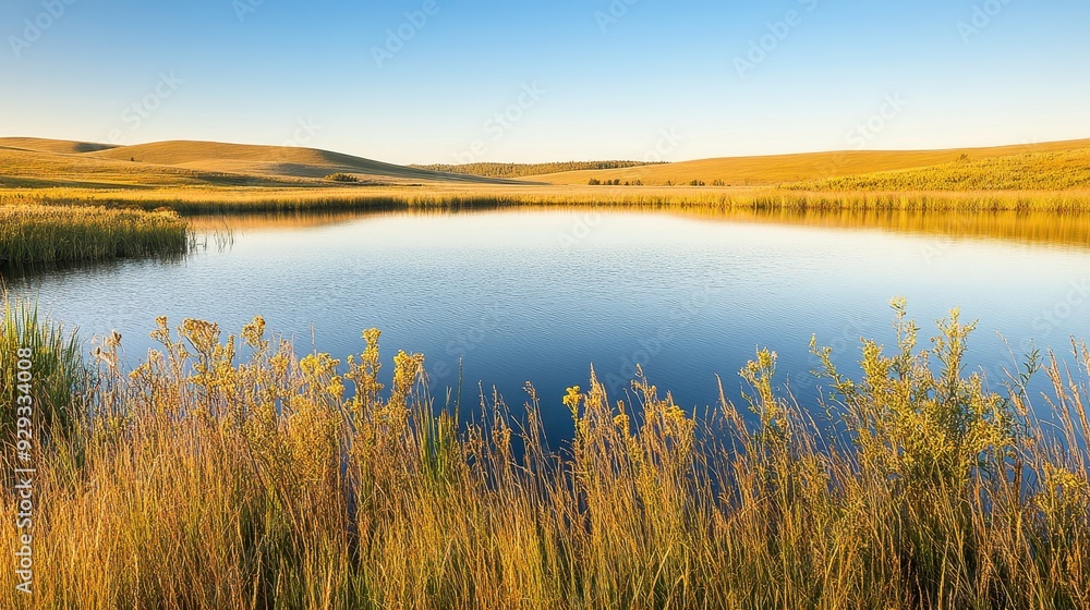 A serene landscape featuring a calm lake surrounded by golden grasses and rolling hills. A serene landscape featuring a calm lake surrounded by golden grasses and rolling hills.